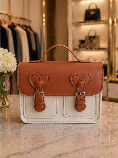 Caramel Sweetheart Satchel in caramel and ivory with heart-shaped buckle accents