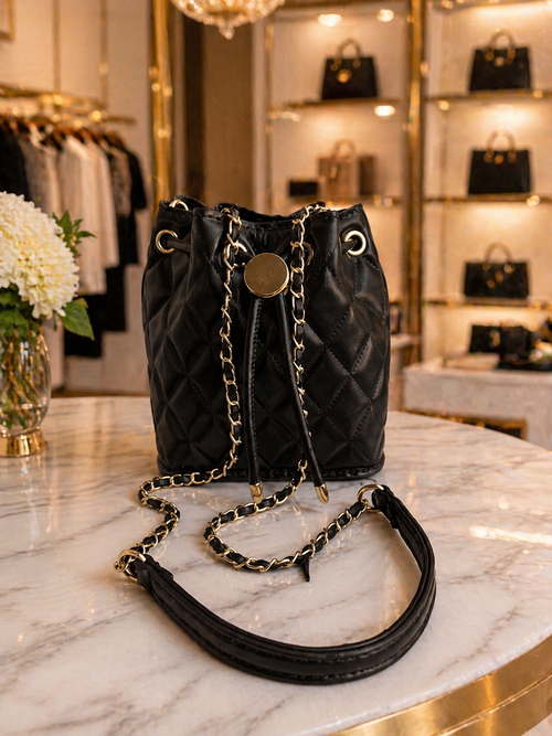 Cotton Candy Bucket Bag in Black with gold-tone chain strap