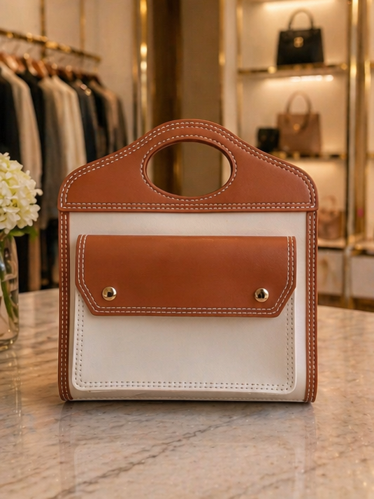 The First Lady Tote in caramel and ivory with cutout top handle and gold-tone accents
