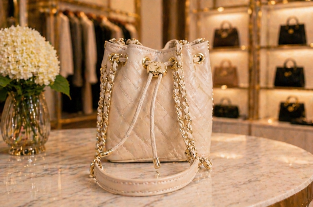 Cotton Candy Bucket Bag in White with gold-tone chain strap